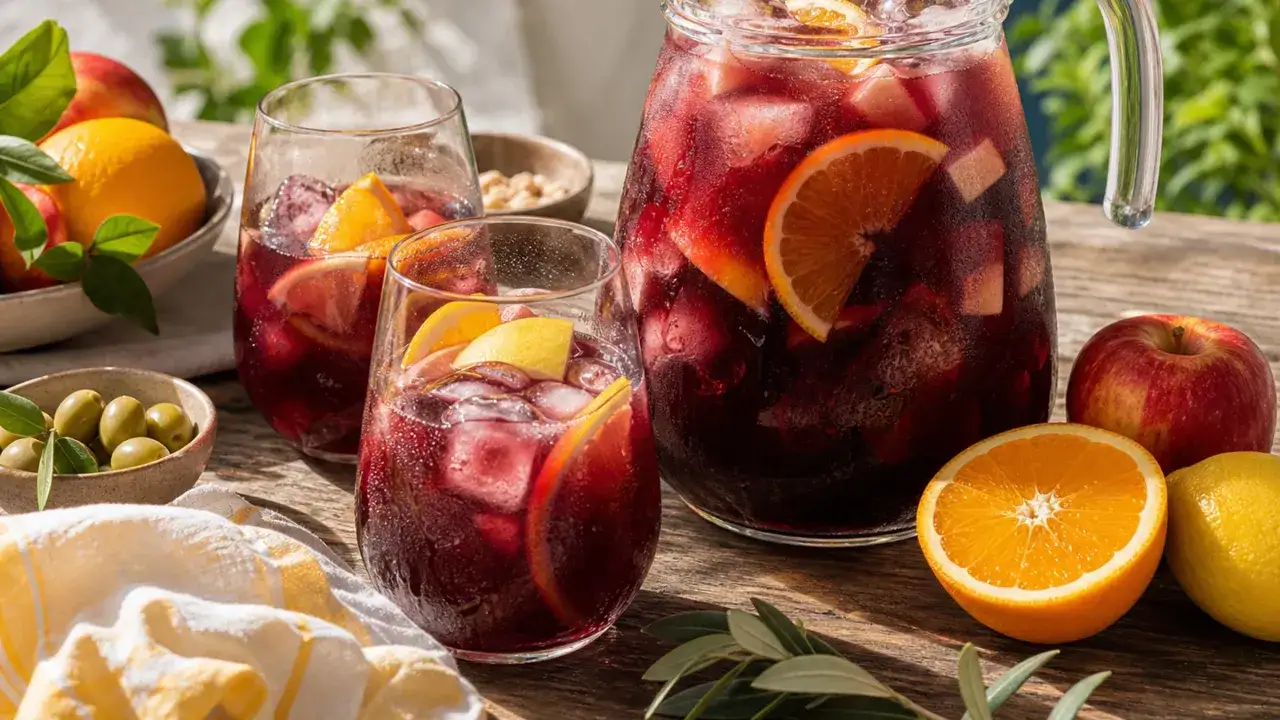 Erfrischende Sangria mit Fr&uuml;chten und Eis. Ein perfektes Sangria Rezept f&uuml;r hei&szlig;e Tage.