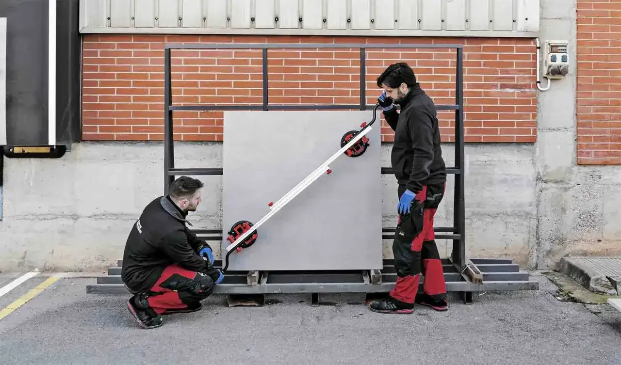 Dwóch mężczyzn z przyssawkami montuje wielkoformatową płytkę. Sprawdzają układanie płytek 120x60 cena.