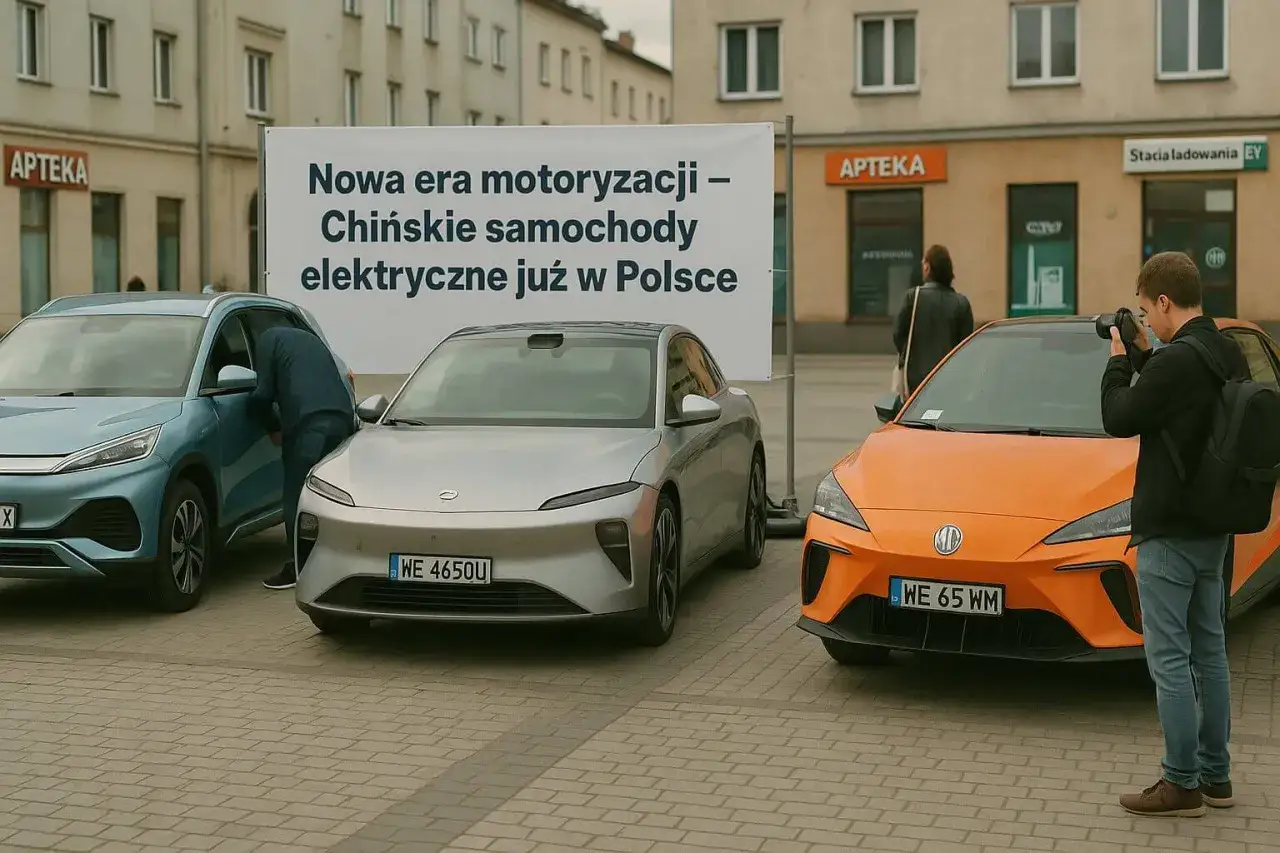 Trzy nowoczesne chińskie samochody elektryczne zaprezentowane na placu. Mężczyzna robi zdjęcie pomarańczowemu autu.