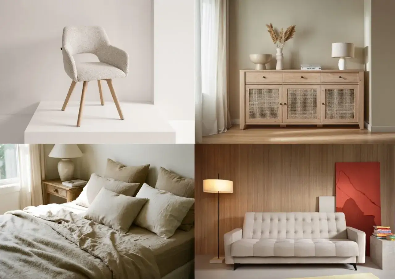 Aranżacje, inspiracje i pomysły na modne wnętrza: przytulna sypialnia, stylowa komoda, wygodna sofa i eleganckie krzesło.
