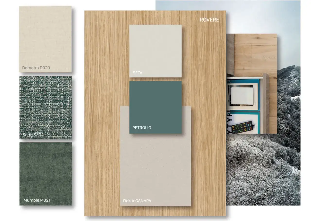 Abbinamento colori con legno: campioni di tessuto e finiture in tonalità neutre e petrolio su sfondo rovere.