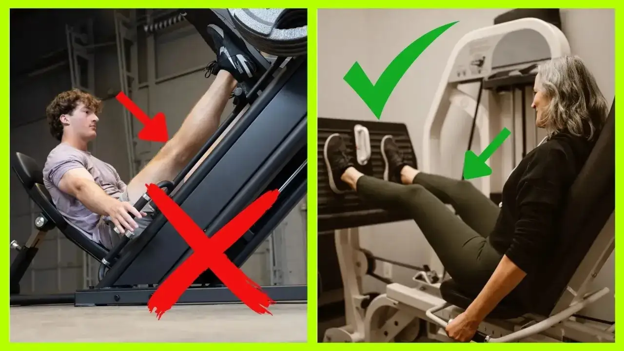 V&auml;nster: felaktig ben press, kn&auml;na &ouml;ver t&aring;rna. H&ouml;ger: korrekt ben press, kn&auml;na i linje med t&aring;rna.