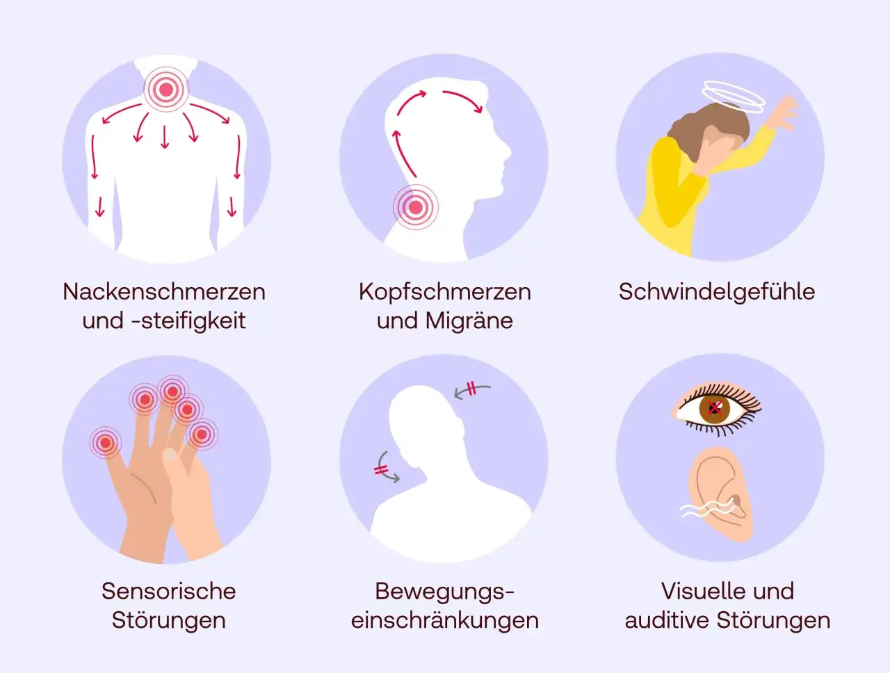 Nackenschmerzen und Steifigkeit, Kopfschmerzen, Schwindel, sensorische, Bewegungs- und visuelle/auditive St&ouml;rungen: Wann zum Arzt?
