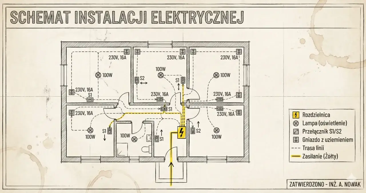 Schemat instalacji elektrycznej mieszkania z widocznym mostkowaniem gniazdka z bolcem, lampami i przełącznikami.