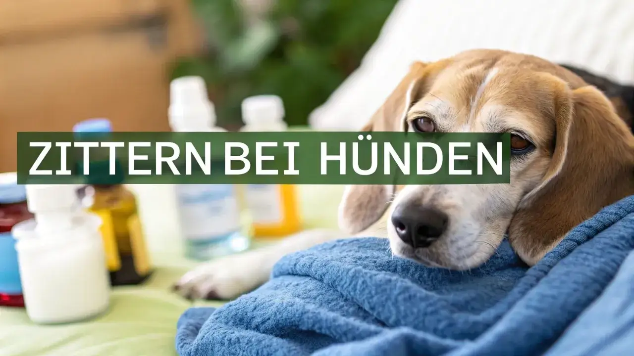 Ein Hund hebt die Pfote und zittert. Medikamente sind im Hintergrund zu sehen.