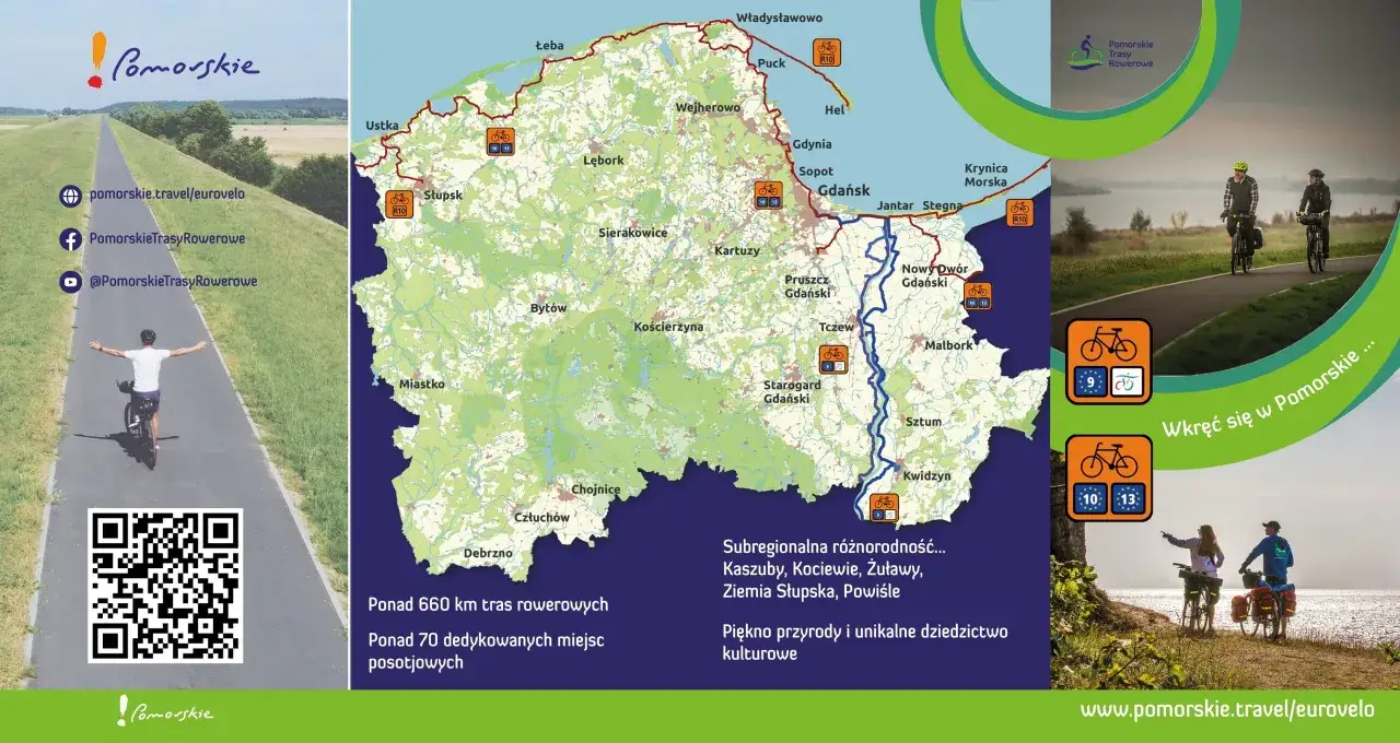 Mapa Pomorskiej Trasy Rowerowej R10 z malowniczymi krajobrazami i informacjami o trasach.