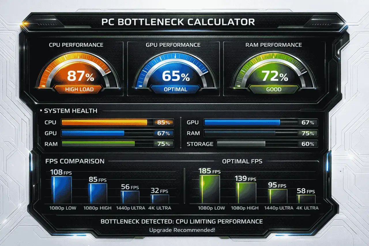 PC Bottleneck Calculator zeigt CPU-Auslastung von 87%. CPU limitiert die Leistung, ein Upgrade wird empfohlen.