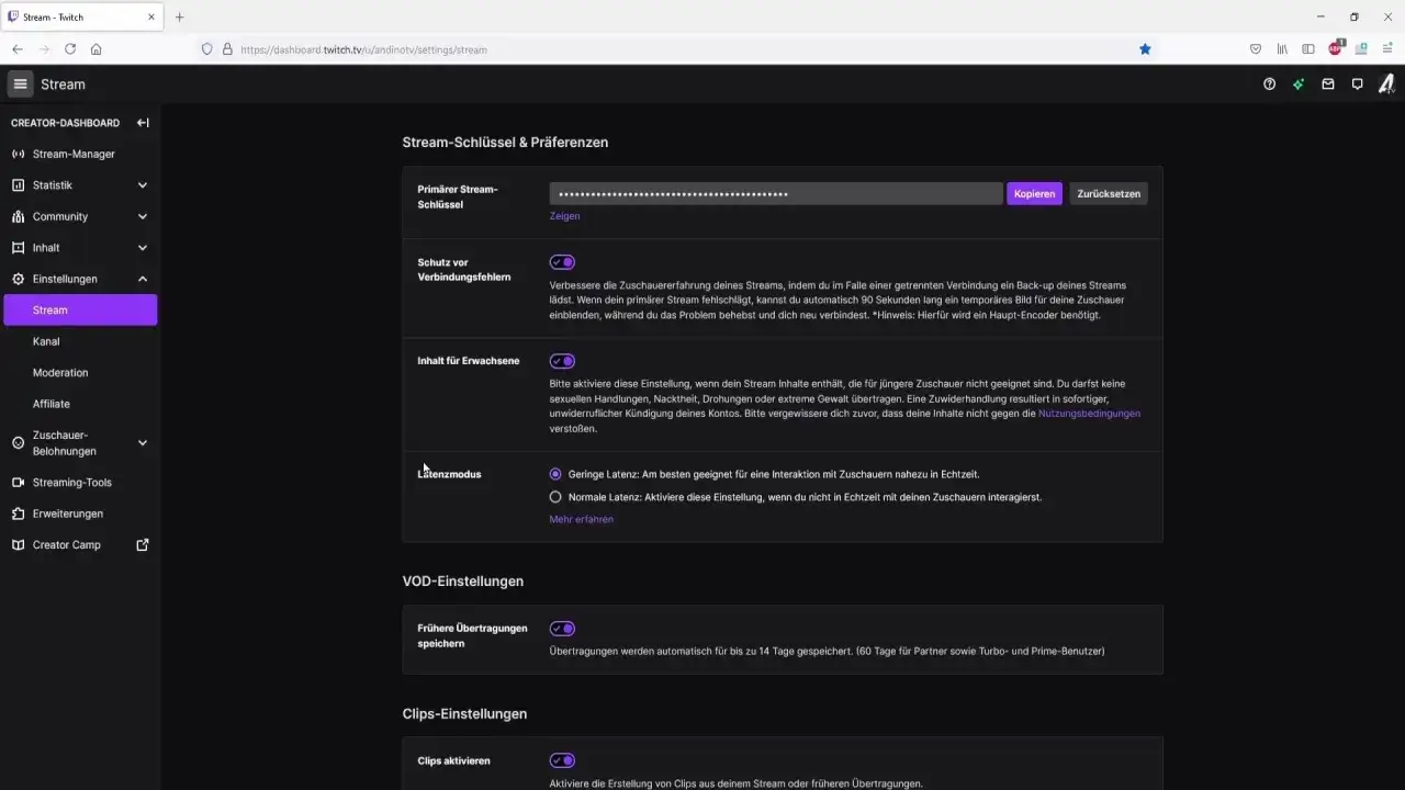 Twitch-Einstellungen: Latenzmodus einstellen f&uuml;r geringe oder normale Latenz.