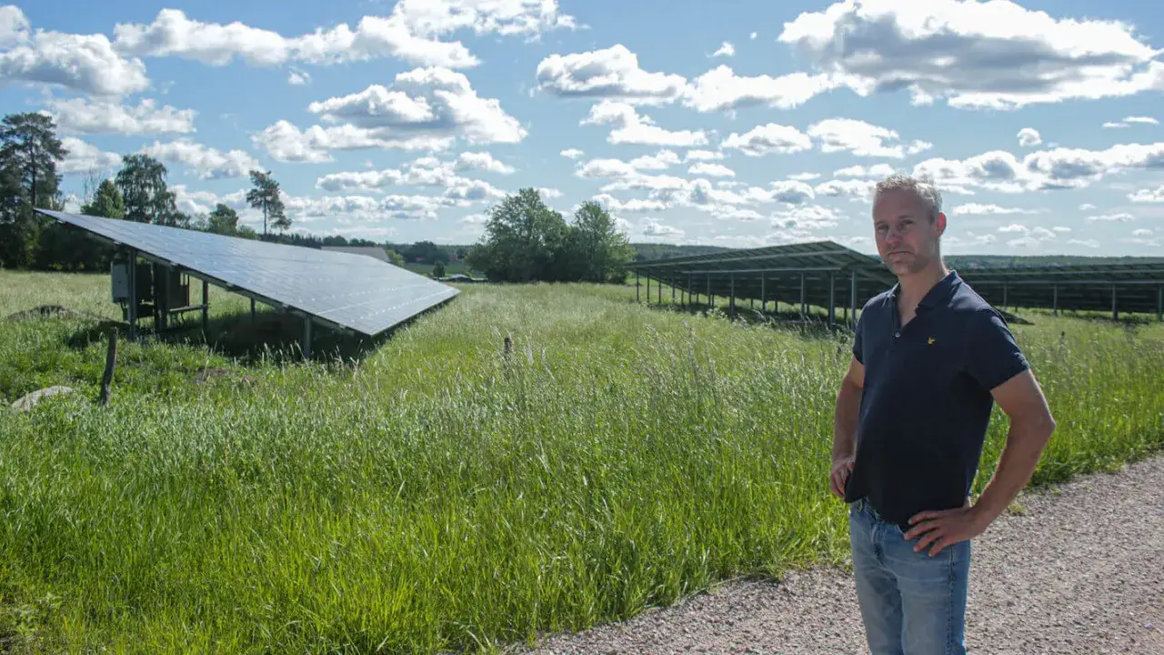 Man st&aring;r vid en grusv&auml;g framf&ouml;r en solcellspark. Gr&auml;s v&auml;xer h&ouml;gt runt panelerna.