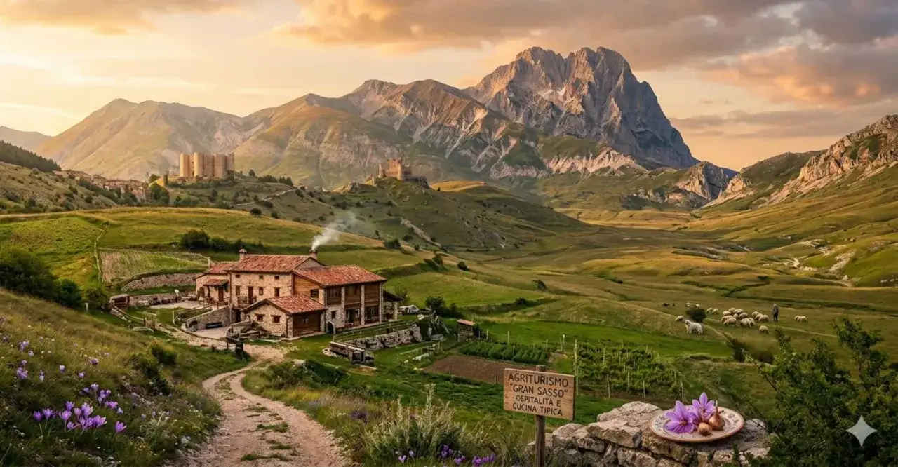 Agriturismi in Abruzzo montagna: un casale in pietra con fumo dal camino, circondato da verdi colline e montagne imponenti.