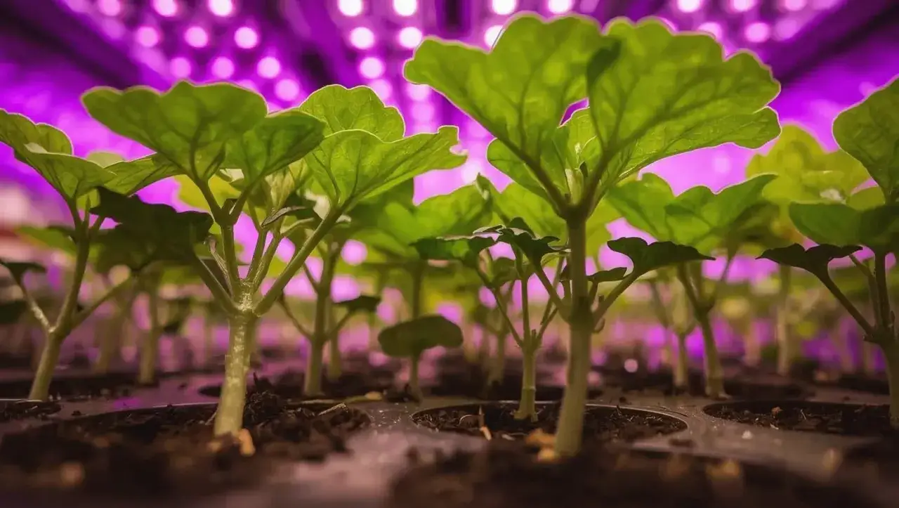 Små plantor växer i krukor under lila växtbelysning. En perfekt miljö för att odla gurka inomhus på vintern.