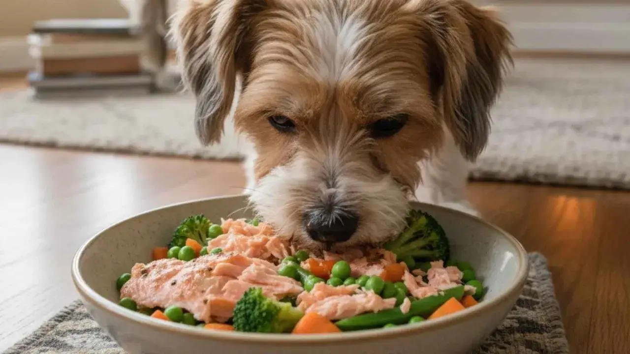 Un perro disfruta de un plato lleno de salm&oacute;n, br&oacute;coli y guisantes. &iexcl;Los perros pueden comer salm&oacute;n!