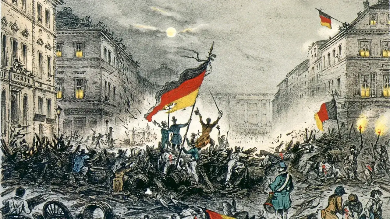 Straßenschlacht während der Februarrevolution 1848. Menschen kämpfen mit Barrikaden und Fahnen.