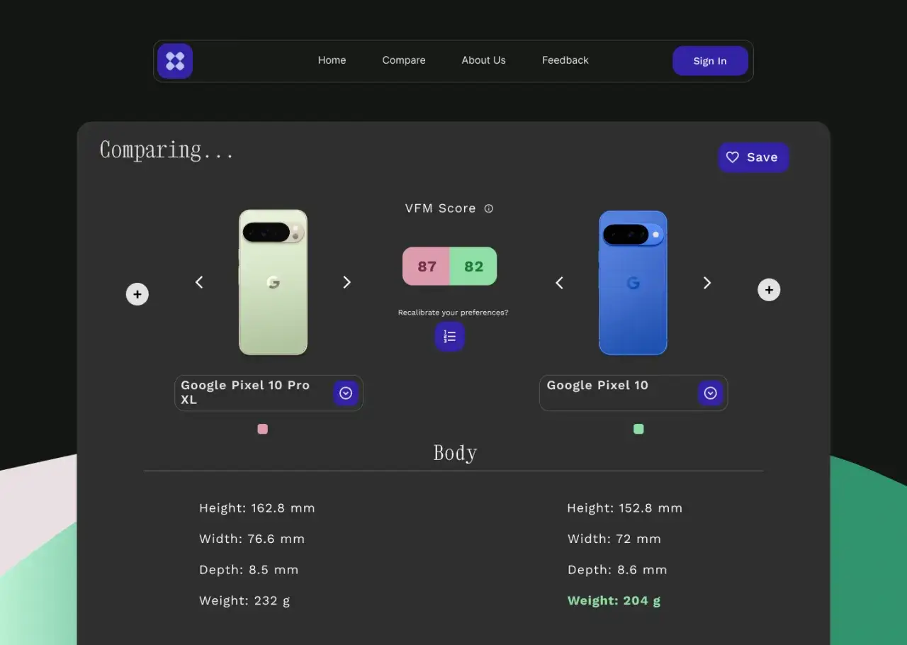 Porównanie telefonów z czystym Androidem: Google Pixel 10 Pro XL i Google Pixel 10. Wyświetlone specyfikacje i wyniki VFM.