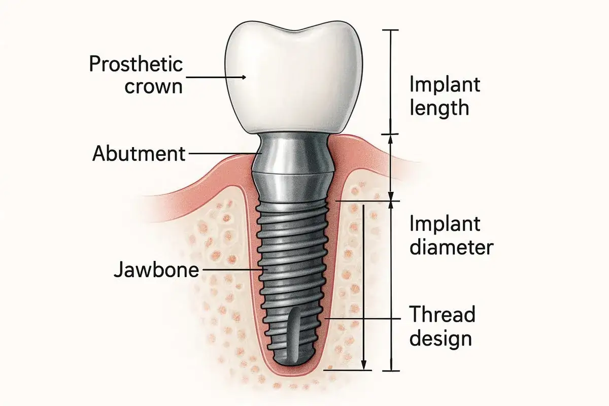 Schemat implantu dentystycznego: korona protetyczna, łącznik, śruba w kości szczęki. Wymiary: długość, średnica, gwint.
