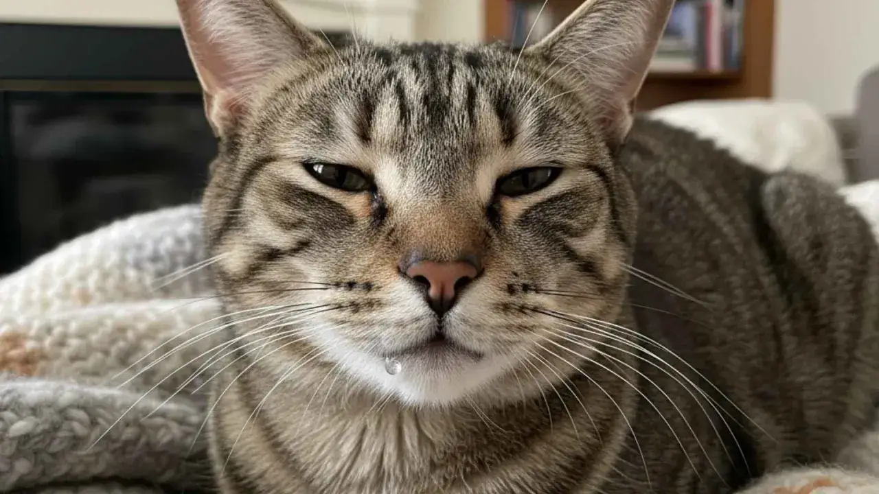 Gato atigrado con una gota de saliva colgando de su labio inferior. Parece que mi gato babea mucho hoy.