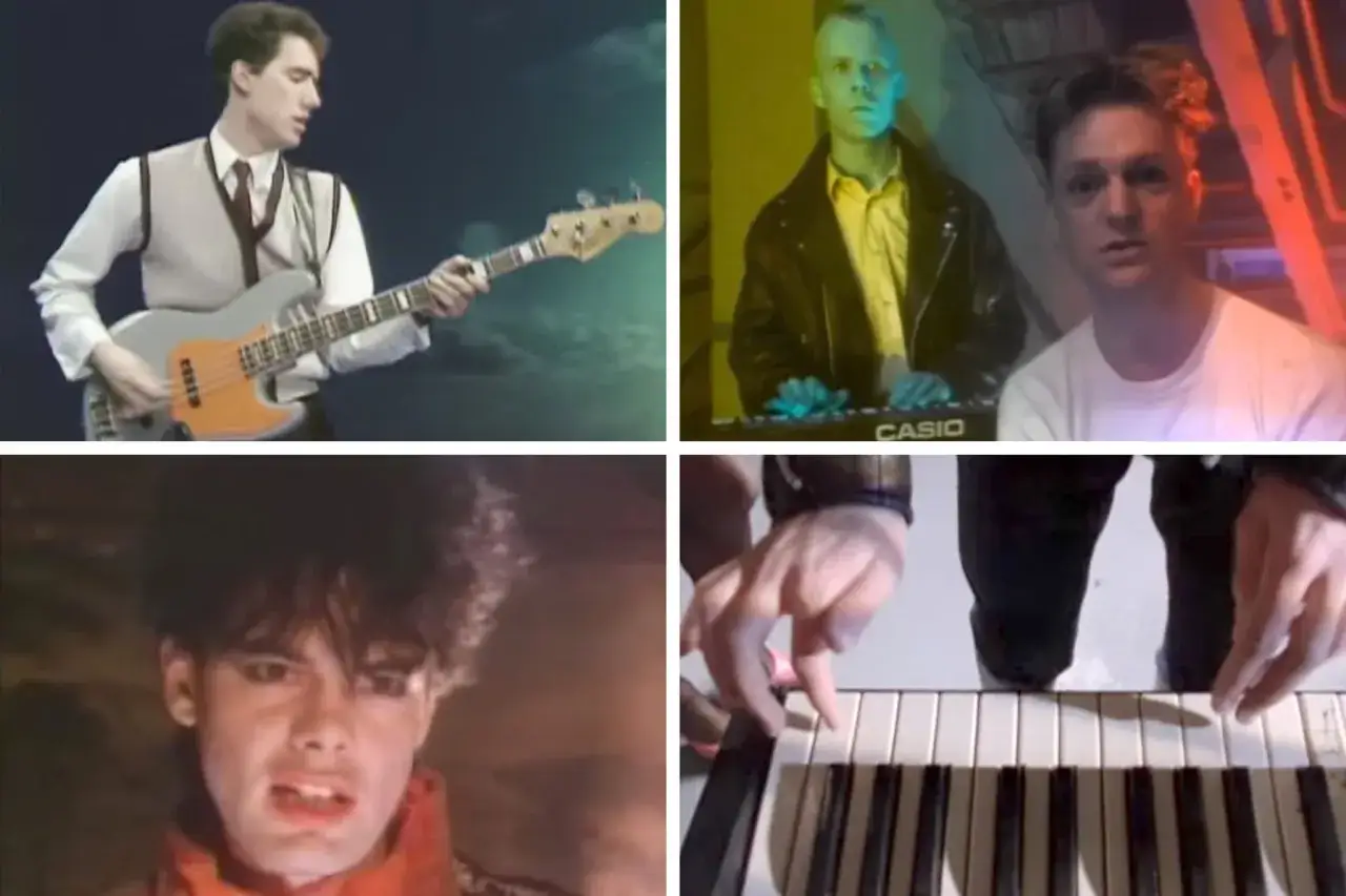 Muzyka elektroniczna lat 80. Zespoły tworzą dźwięki na syntezatorach i gitarach basowych, tworząc ikoniczne brzmienia epoki.