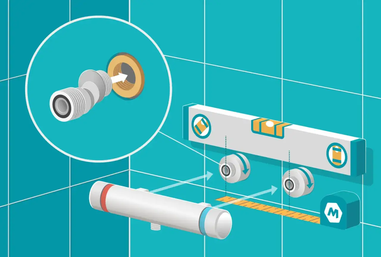 Sch&eacute;ma d'installation mitigeur thermostatique : raccordement, niveau &agrave; bulle, m&egrave;tre et pi&egrave;ces.
