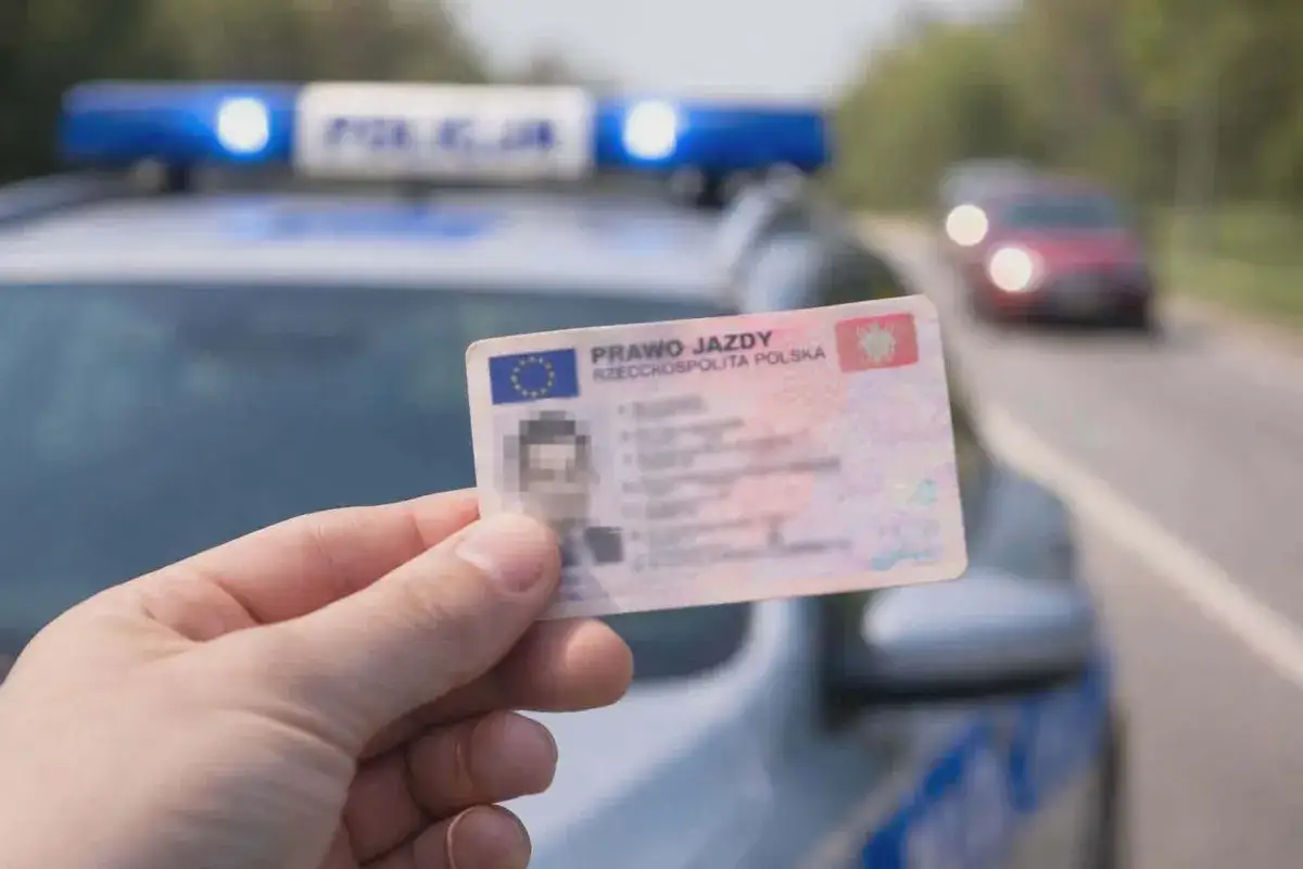 Prawo jazdy 17 lat w ręku, na tle radiowozu policyjnego i drogi.