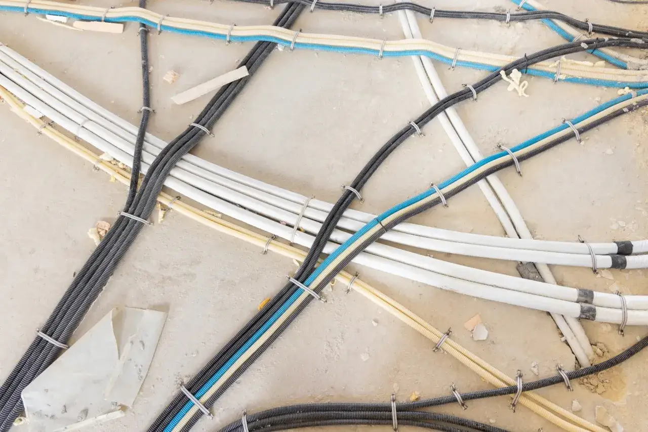 Przewody elektryczne w peszlach, ułożone na betonowym podłożu. Widać różne kolory peszli: czarny, biały, żółty i niebieski.