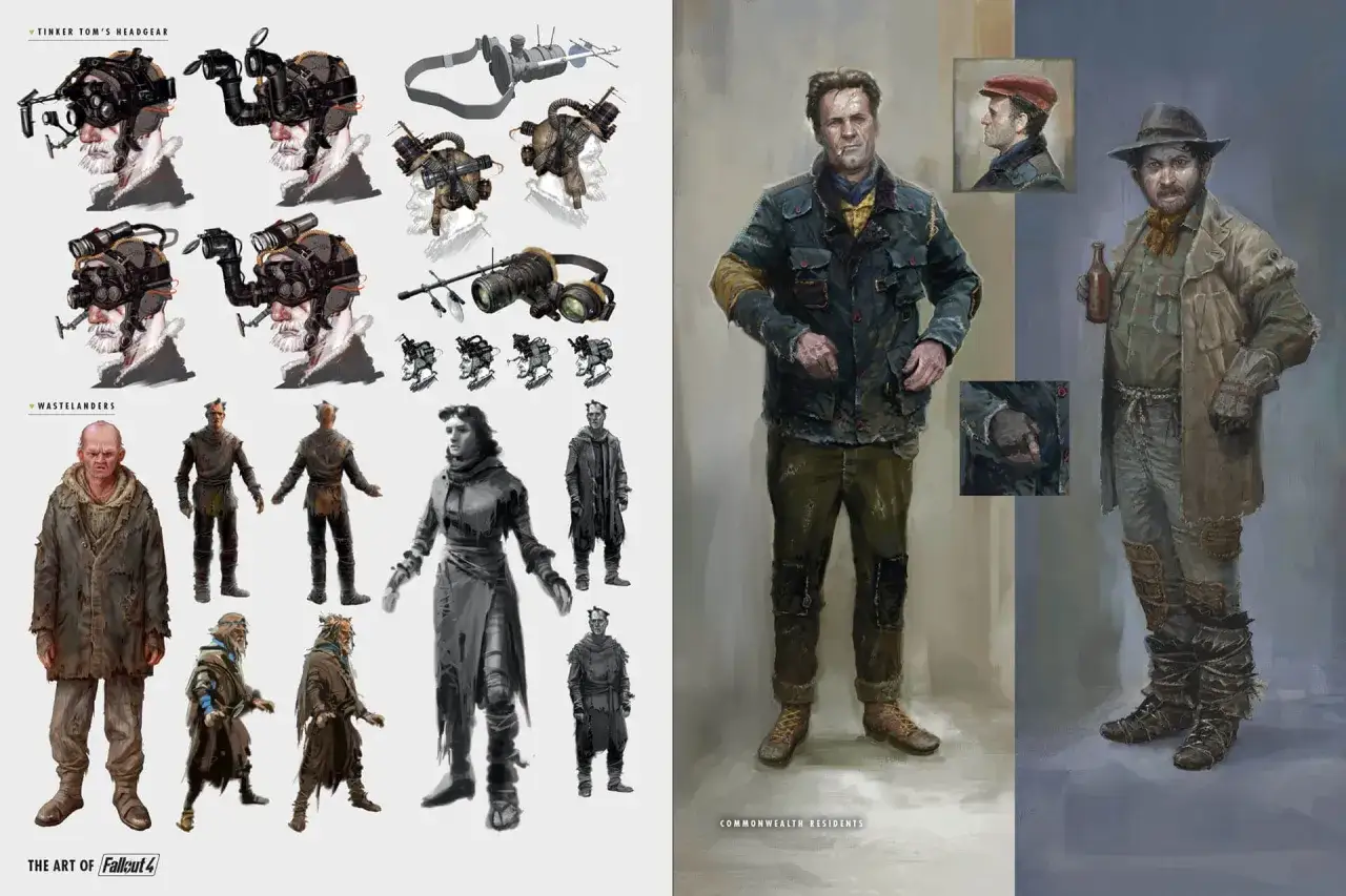 Koncepcje postaci z Fallout 4, w tym hełmy i mieszkańcy Pustkowi. Idealne dla graczy sprawdzających fallout 4 wymagania.