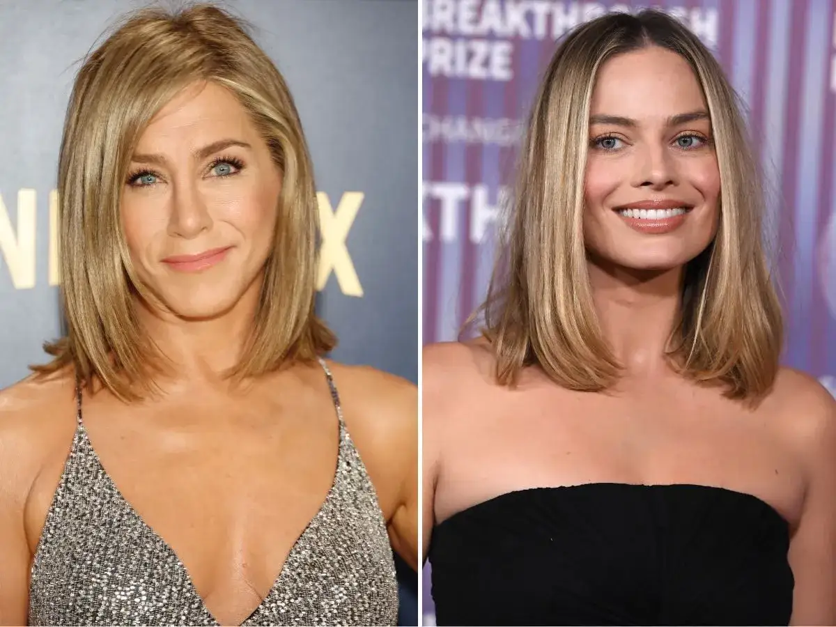 Jennifer Aniston i Margot Robbie prezentują stylowe fryzury na gęste włosy do ramion.