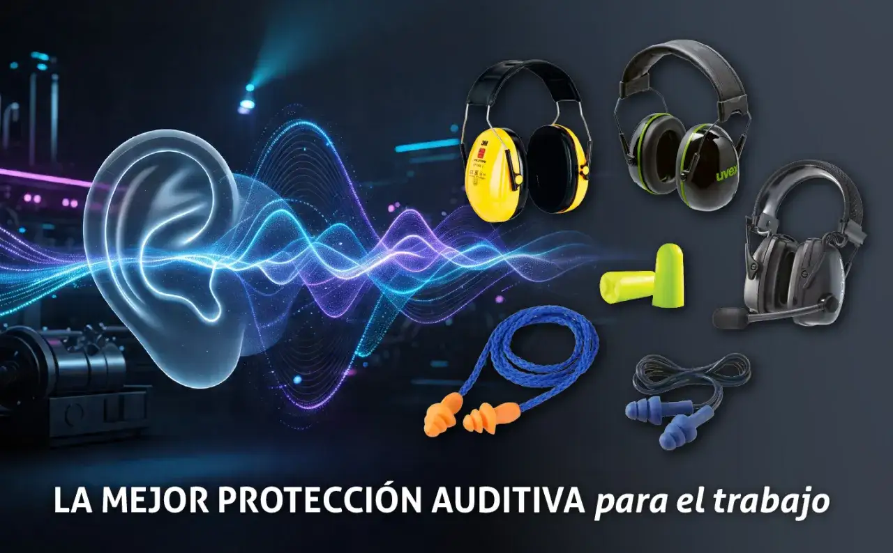 Diversos tipos de protectores auditivos: orejeras amarillas y negras, orejeras verdes y negras, tapones naranjas y azules, y orejeras con micr&oacute;fono.