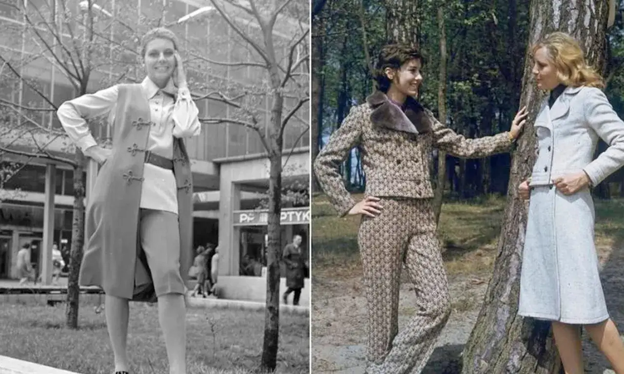 Moda PRL: dwie kobiety prezentują stylizacje – jedna w kamizelce i szortach przed budynkiem, druga w eleganckim kostiumie w lesie.