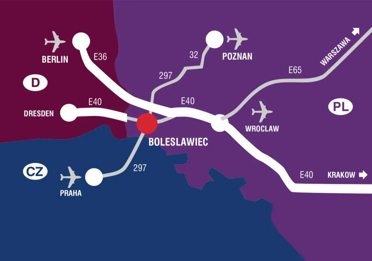 Mapa pokazuje, gdzie leży Bolesławiec, na skrzyżowaniu dróg E40 i 297, blisko Drezna, Pragi, Wrocławia i Poznania.