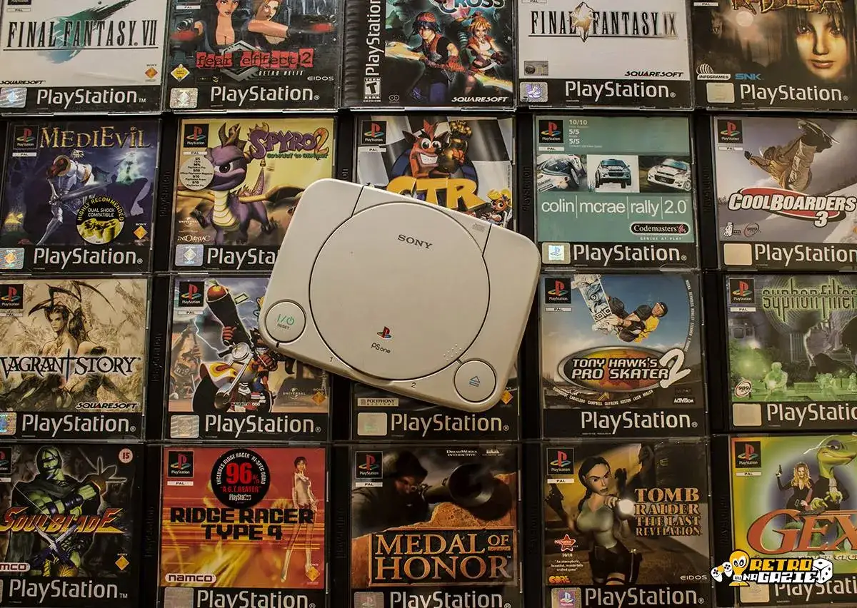 Konsola PSone i stos kultowych gier na PS1: Final Fantasy, Spyro, Tomb Raider, Medal of Honor i wiele innych.