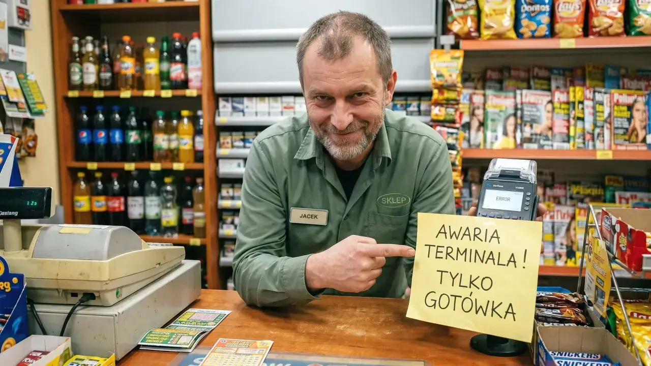 Sprzedawca Jacek informuje o awarii terminala płatniczego. W sklepie możliwy zwrot artykuł&oacute;w spożywczych tylko za got&oacute;wkę.