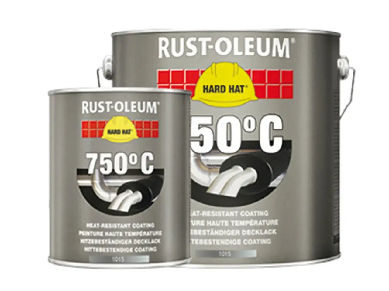 Puszki z farbą Rust-Oleum Hard Hat. Jedna z nich to farba odporna na temperaturę 750°C, druga 50°C.