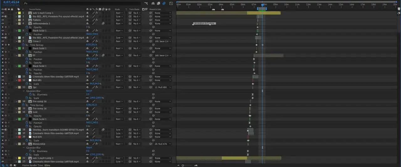 After Effects timeline showing layers for an **after effects loop video**, with various effects and media files.