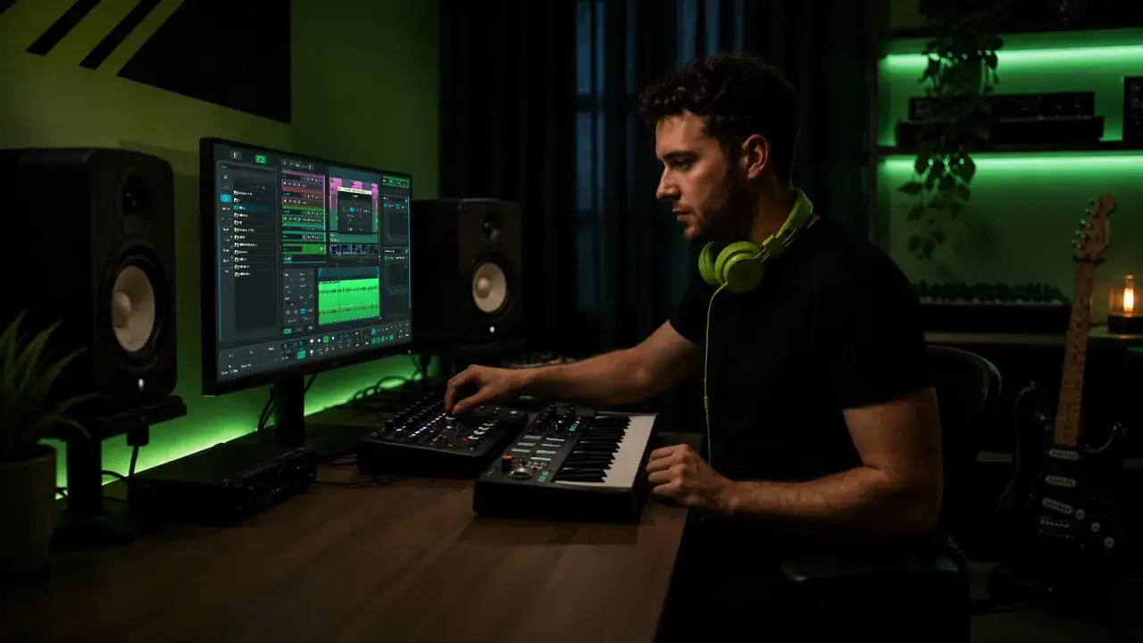Joven en estudio de música, rodeado de equipos, aprendiendo producción musical gratis.