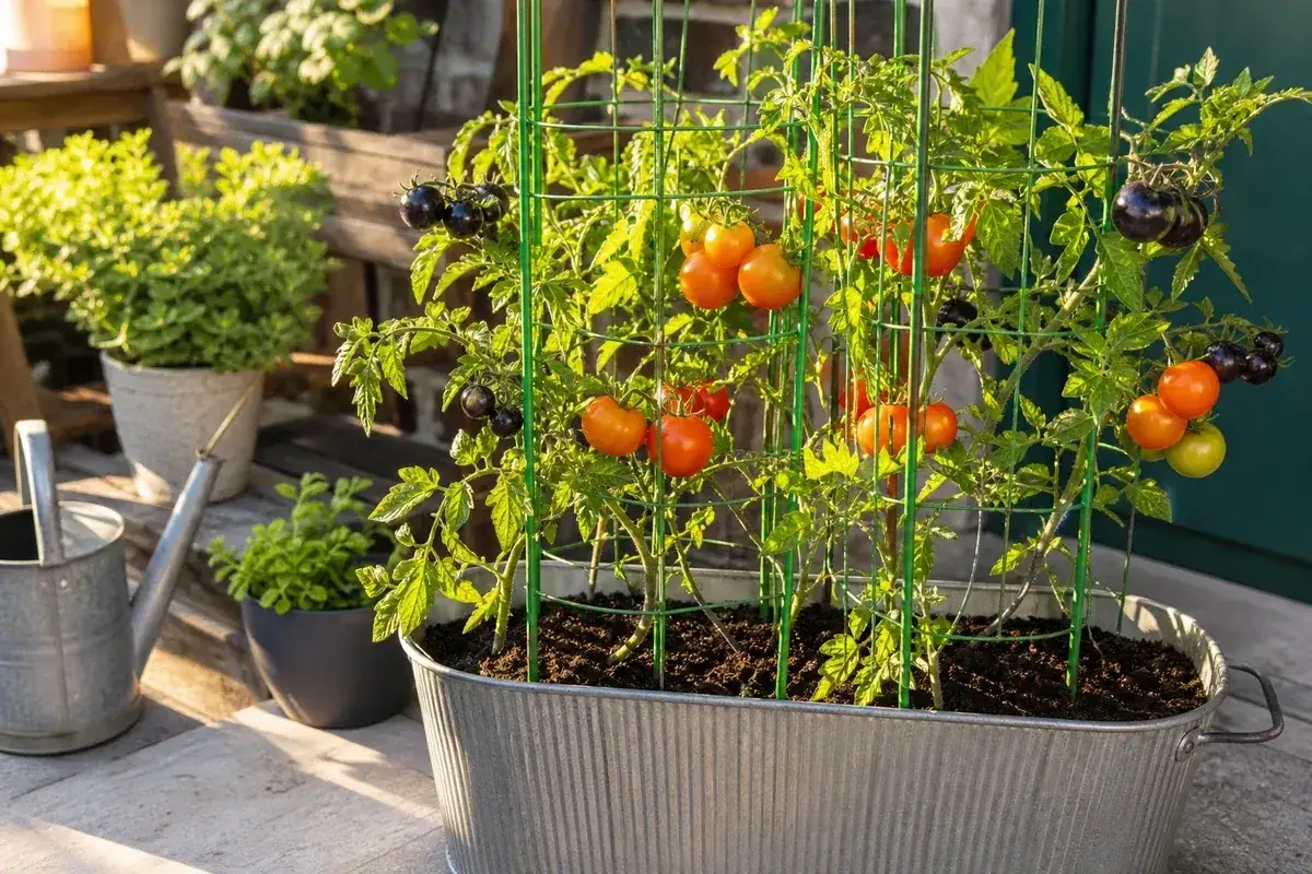 Reife Tomaten in verschiedenen Farben wachsen an Pflanzen, die in einer Zinkwanne mit fruchtbarer Erde stehen.