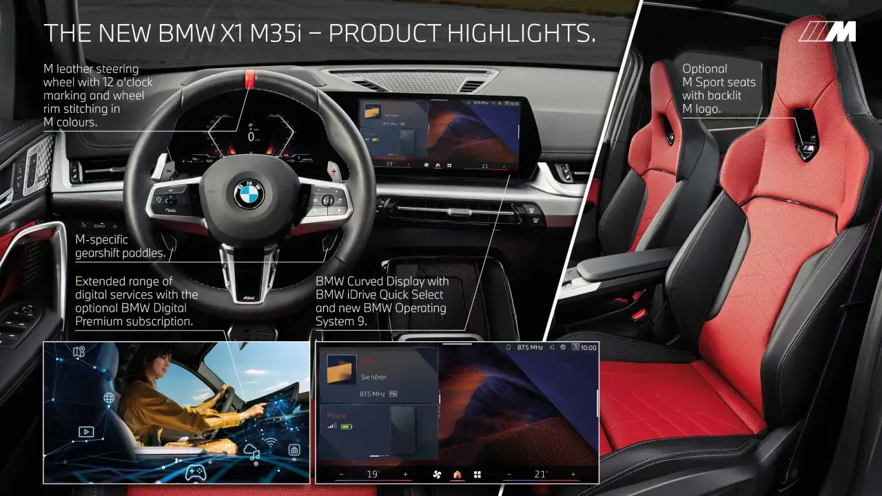 Wnętrze BMW X1 M35i: sportowa kierownica, cyfrowe ekrany i czerwono-czarne fotele M Sport. Sprawdź BMW ix1 cena i wyposażenie.