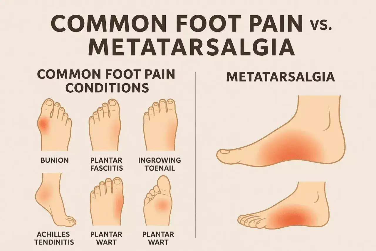 Illustration comparant diverses affections du pied, dont la m&eacute;tatarsalgie, une douleur plantaire avant pied.