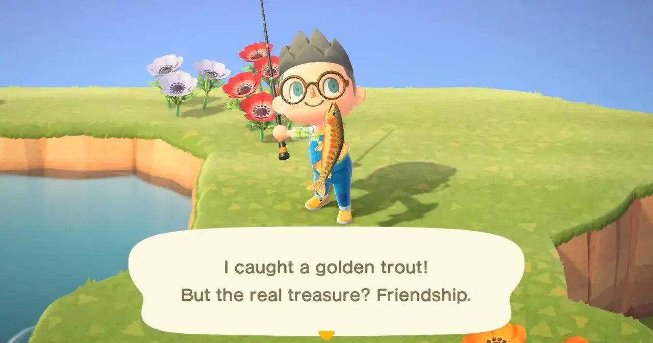 Personaje de Animal Crossing pesca una trucha dorada. ¡Qué tesoro tan brillante!