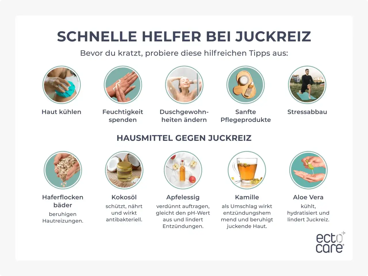 Schnelle Helfer bei Juckreiz: Haut k&uuml;hlen, Feuchtigkeit spenden, Duschgewohnheiten &auml;ndern, sanfte Pflegeprodukte, Stressabbau. Hausmittel gegen Juckreiz: Haferflocken, Kokos&ouml;l, Apfelessig, Kamille, Aloe Vera.