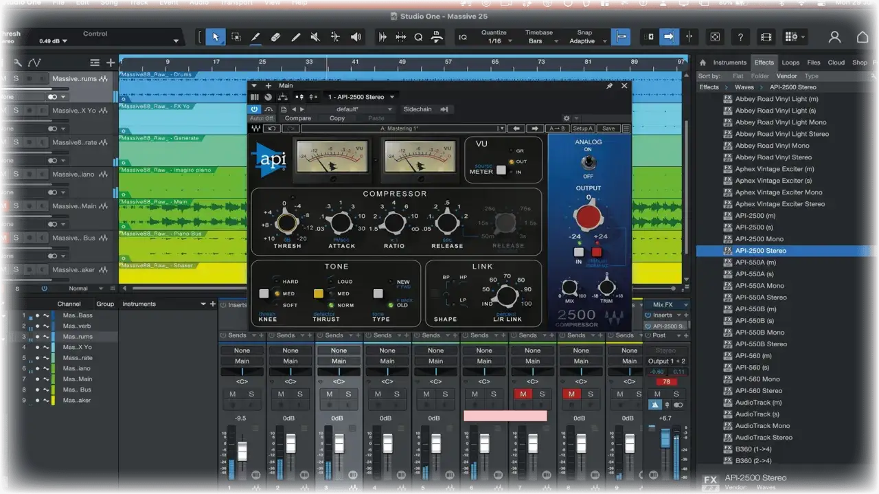 Interface d'un logiciel de production musicale, montrant des pistes audio et un plugin de **compresser audio** API-2500.