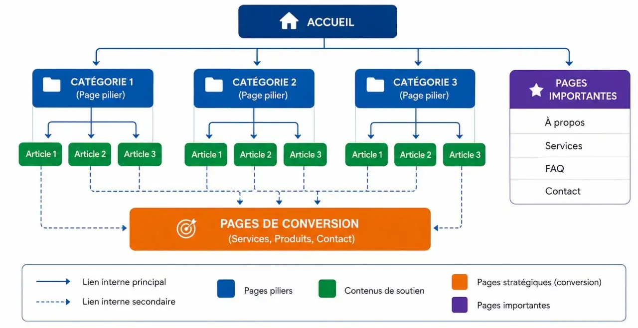 Schéma de site web pour le référencement SEO WordPress : accueil, catégories piliers, articles, pages de conversion et pages importantes.