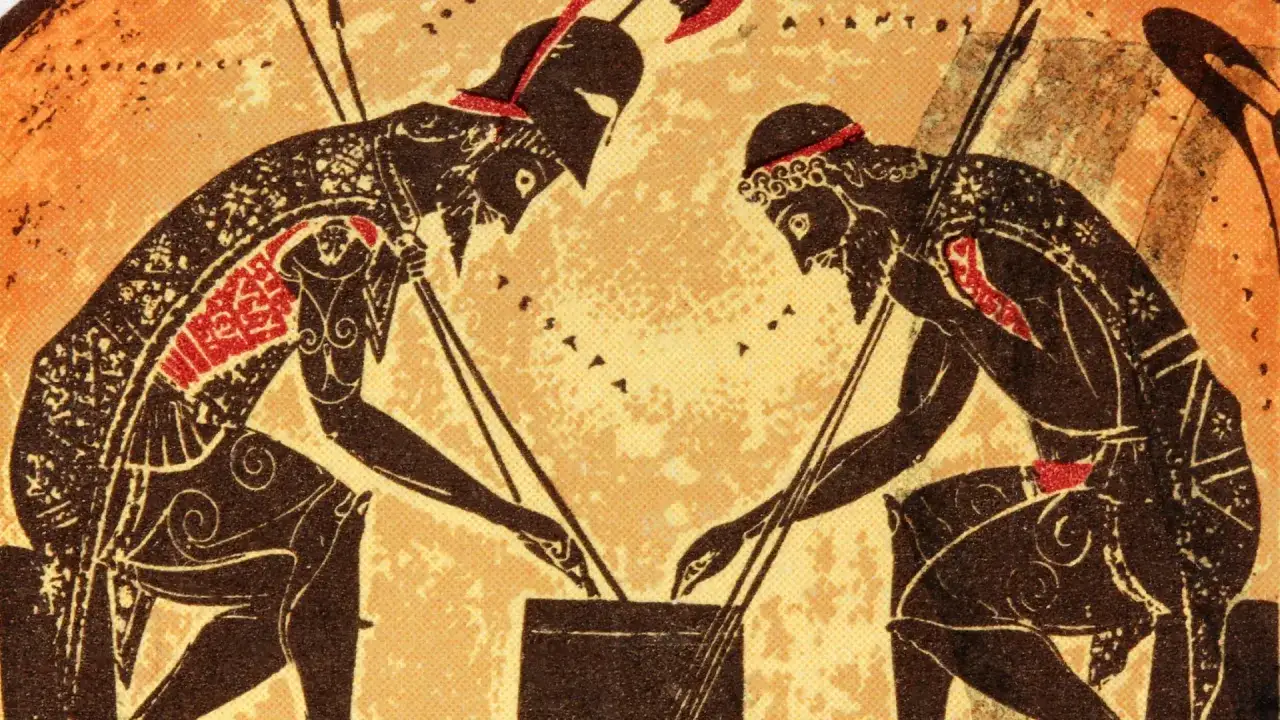Zwei Krieger spielen ein Brettspiel, ein Beispiel für historische Brettspiele.