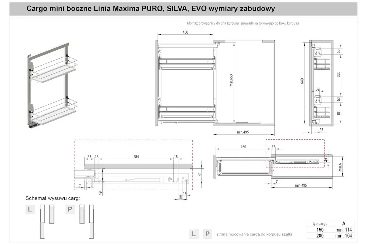Schemat wymiarów mini koparki cargo bocznej. Rysunki techniczne pokazują wymiary zabudowy i wysuwu cargo.
