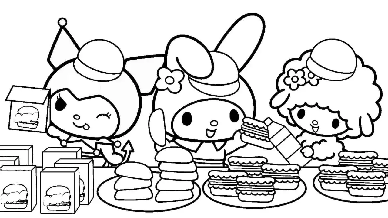 My Melody i przyjaciele przygotowują się do uczty! Kolorowanka z My Melody pełna burgerów i słodkich ciasteczek.