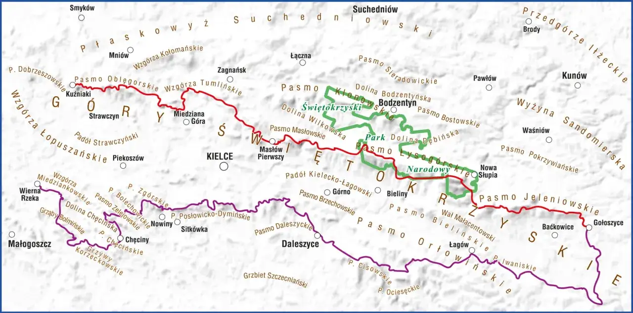 Mapa przedstawia przebieg **Głównego Szlaku Świętokrzyskiego** przez pasma górskie, doliny i miejscowości regionu.