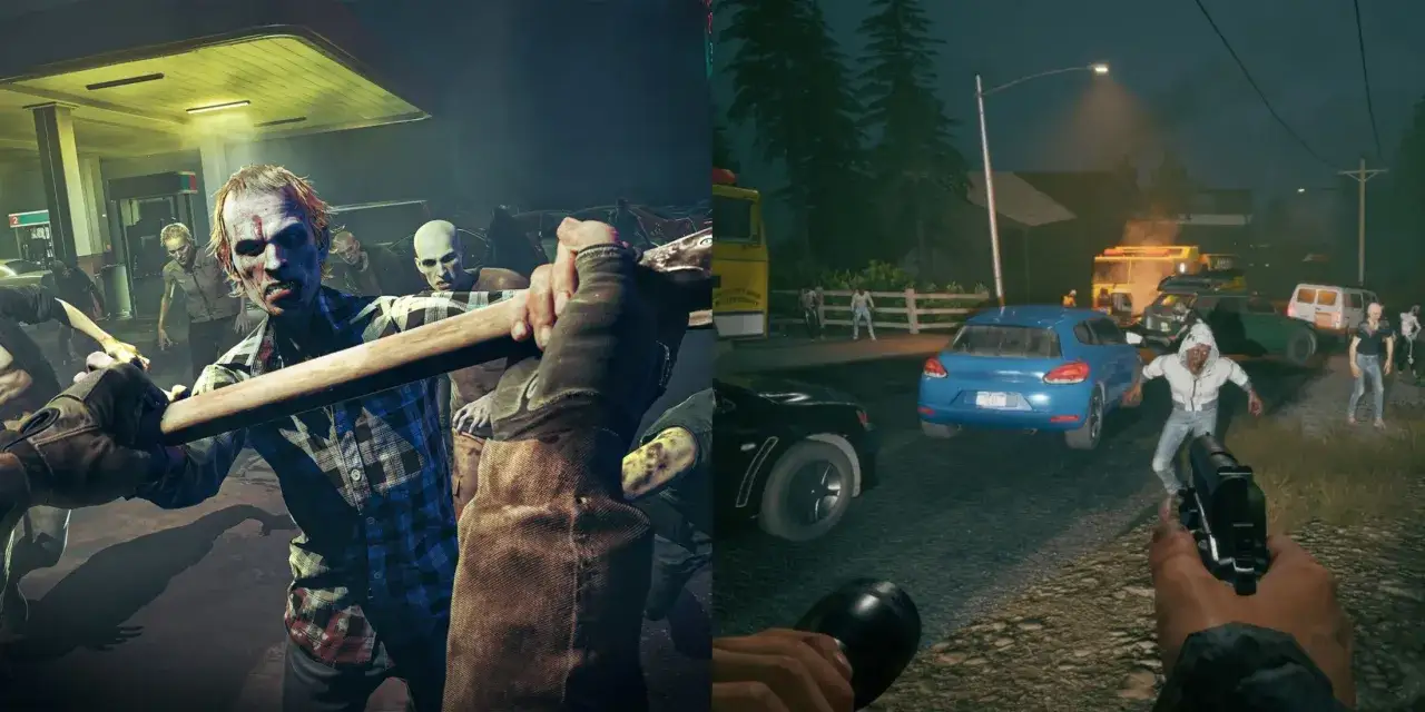 Dwóch graczy walczy z hordami zombie w grach survivalowych. Jeden używa łopaty, drugi pistoletu.
