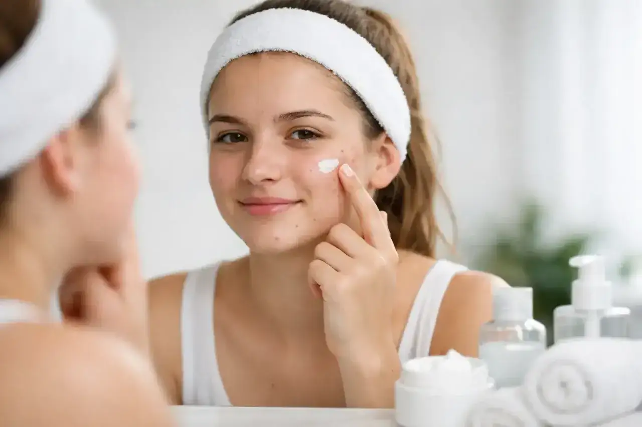 Chica se aplica crema para tratar el acné en la frente, sonriendo a su reflejo.