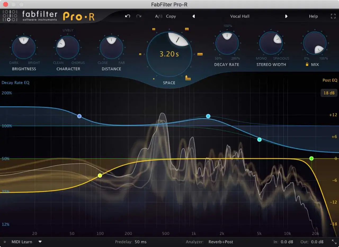 Ustawienia wtyczki FabFilter Pro-R, z widocznym pokrętłem 