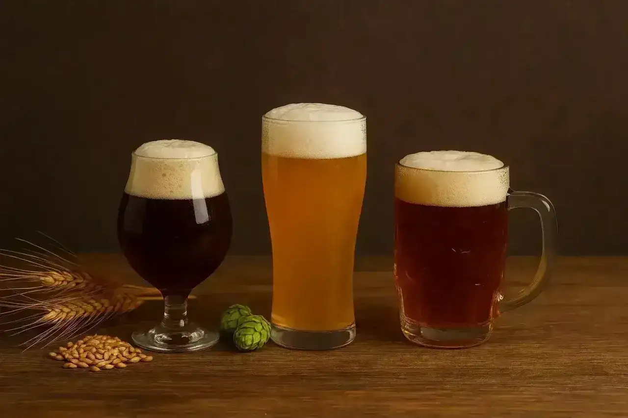 Tre birre, una scura che ricorda lo stout significato, una chiara e una ambrata, con luppolo e orzo.