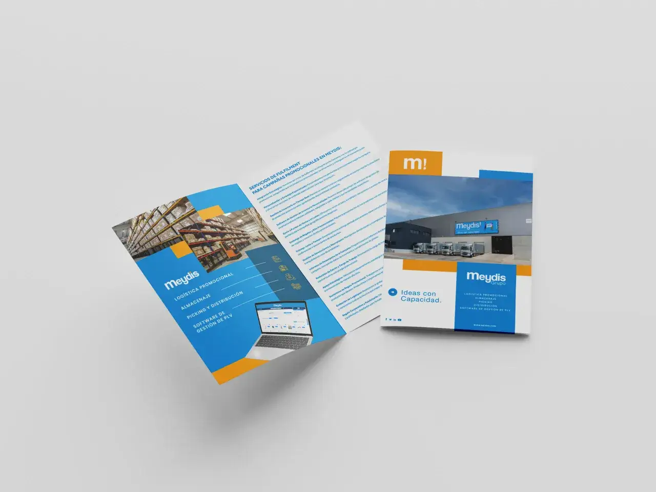 Folleto publicitario ejemplo de Meydis, empresa de logística promocional, con imágenes de almacén y camiones.